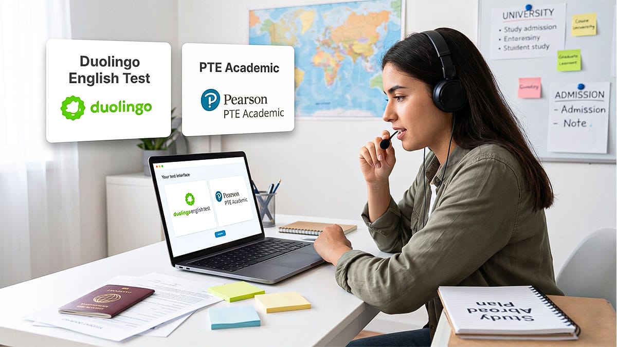 Duolingo English Test vs PTE Academic: female student taking online exam with headset