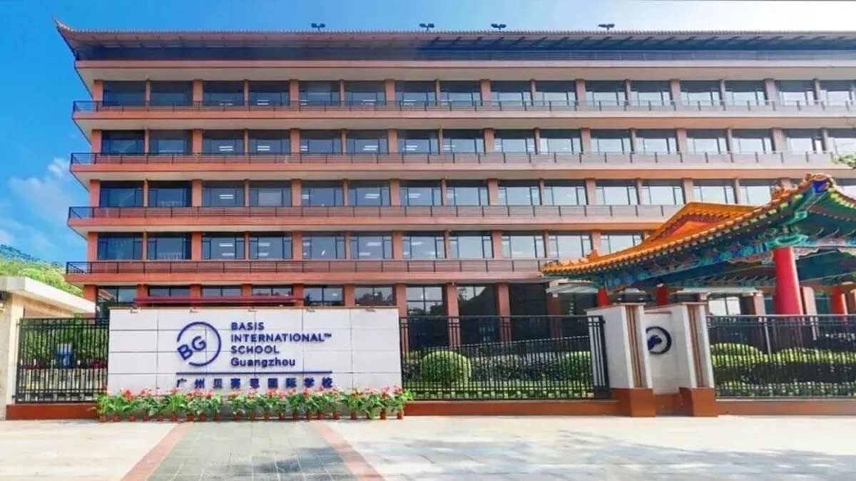 BASIS International School Guangzhou entrance sign with traditional Chinese pavilion