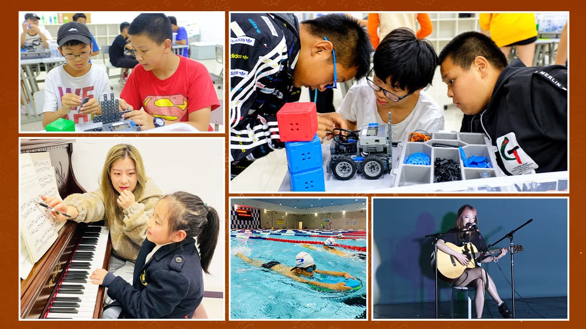 Sino-Canada School students building robots, playing piano, swimming and guitar