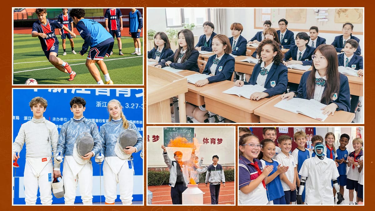 Ronghuai International School students in class, football, fencing, and school events