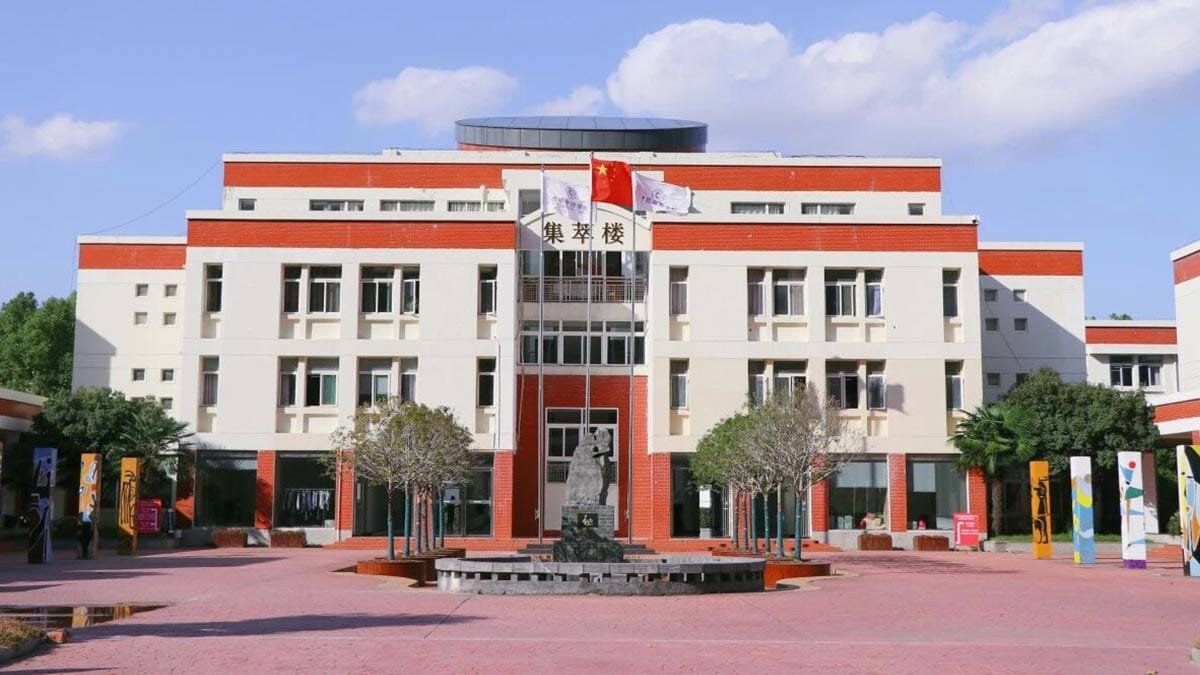 Walton-Hefei School main building with Chinese flag and central campus courtyard