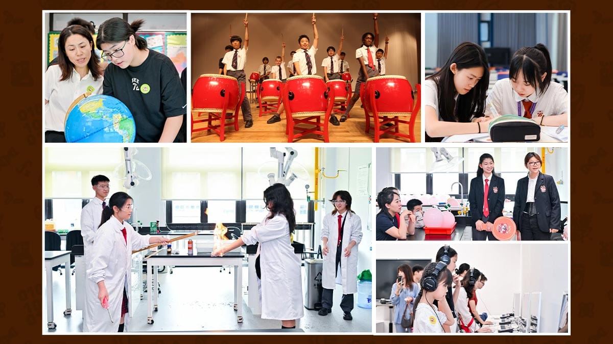 Dulwich High School Hengqin students in science lab, drumming, and classroom activities