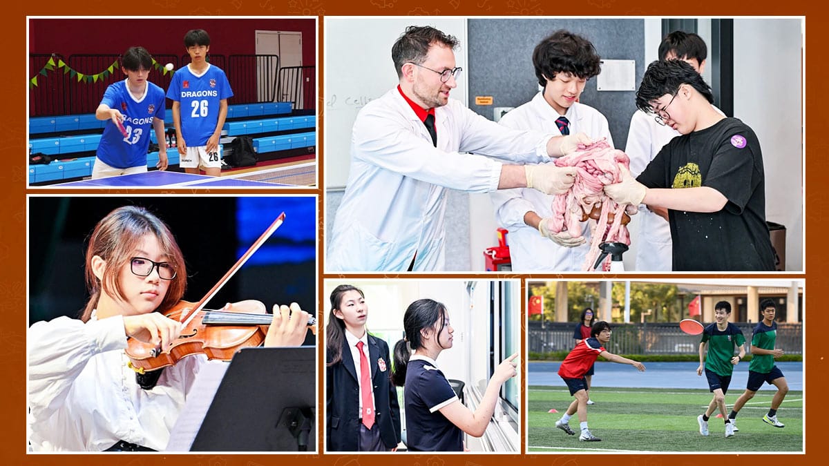 Dulwich High School Hengqin students doing biology, violin, table tennis, and sports