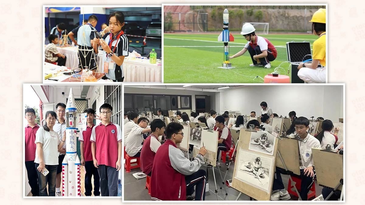 Qionglin School students building rockets, engineering models, and sketching in art class