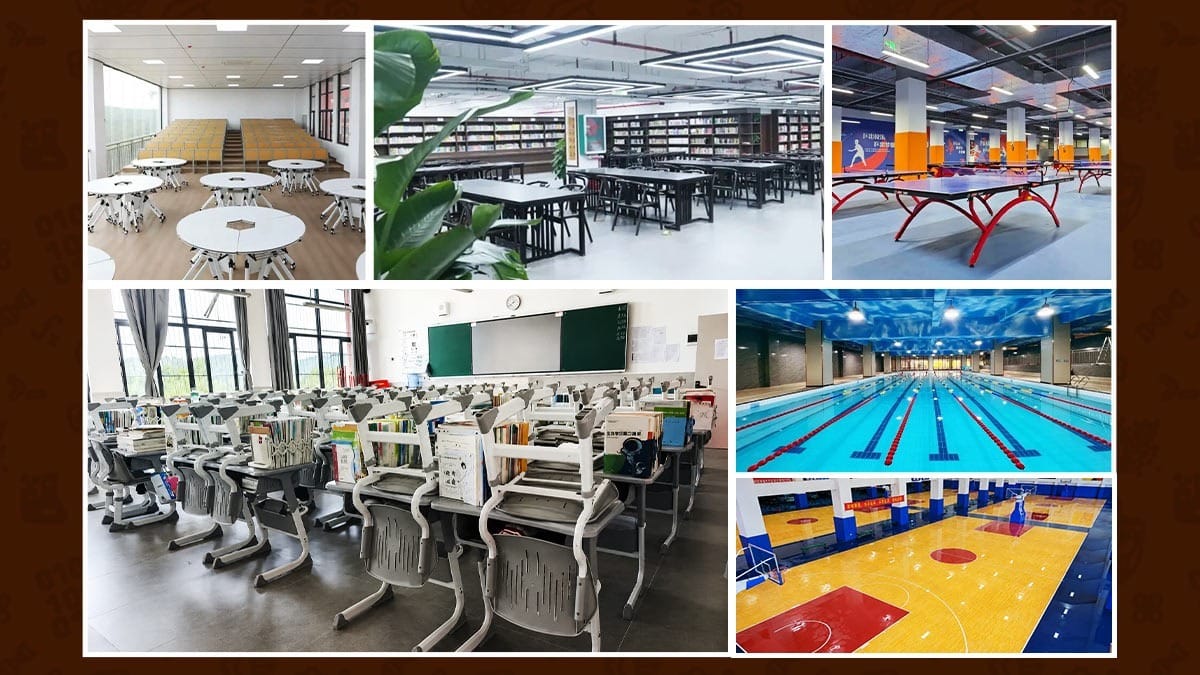 Qionglin School facilities including classrooms, library, pool, and basketball court