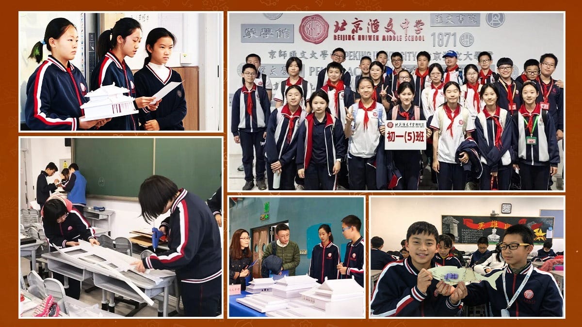 Beijing Huiwen Middle School students building architectural models in hands-on class