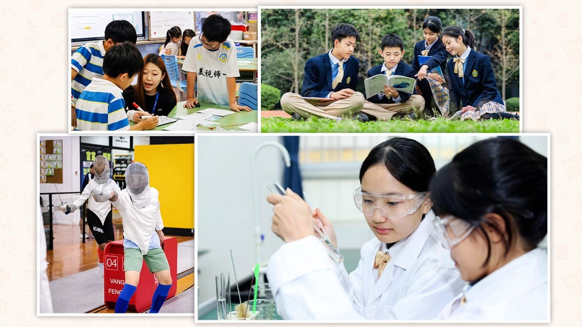 Chengdu Meishi International School student life: science lab, fencing and classwork