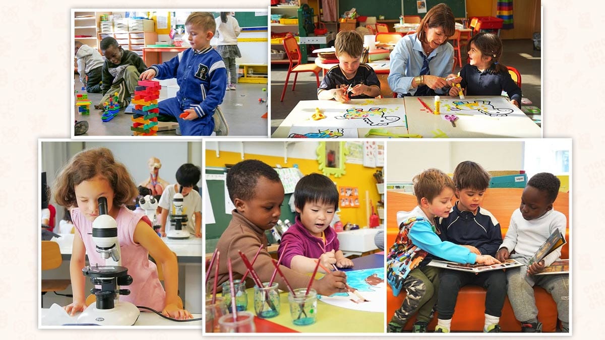 French schools in China: students in classroom activities, art, and science