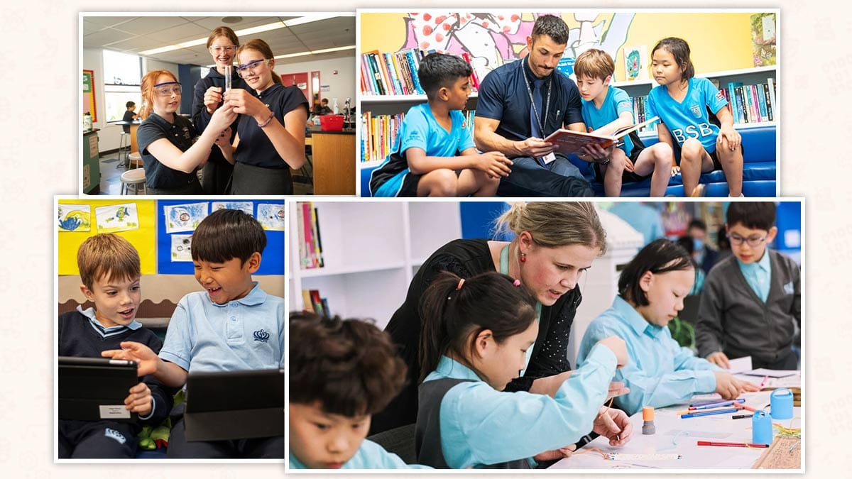 Nord Anglia Schools in China pupils in science class, reading corner and iPad work