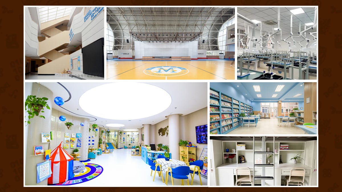 Chengdu Meishi International School facilities: gym, science lab, library and dorms