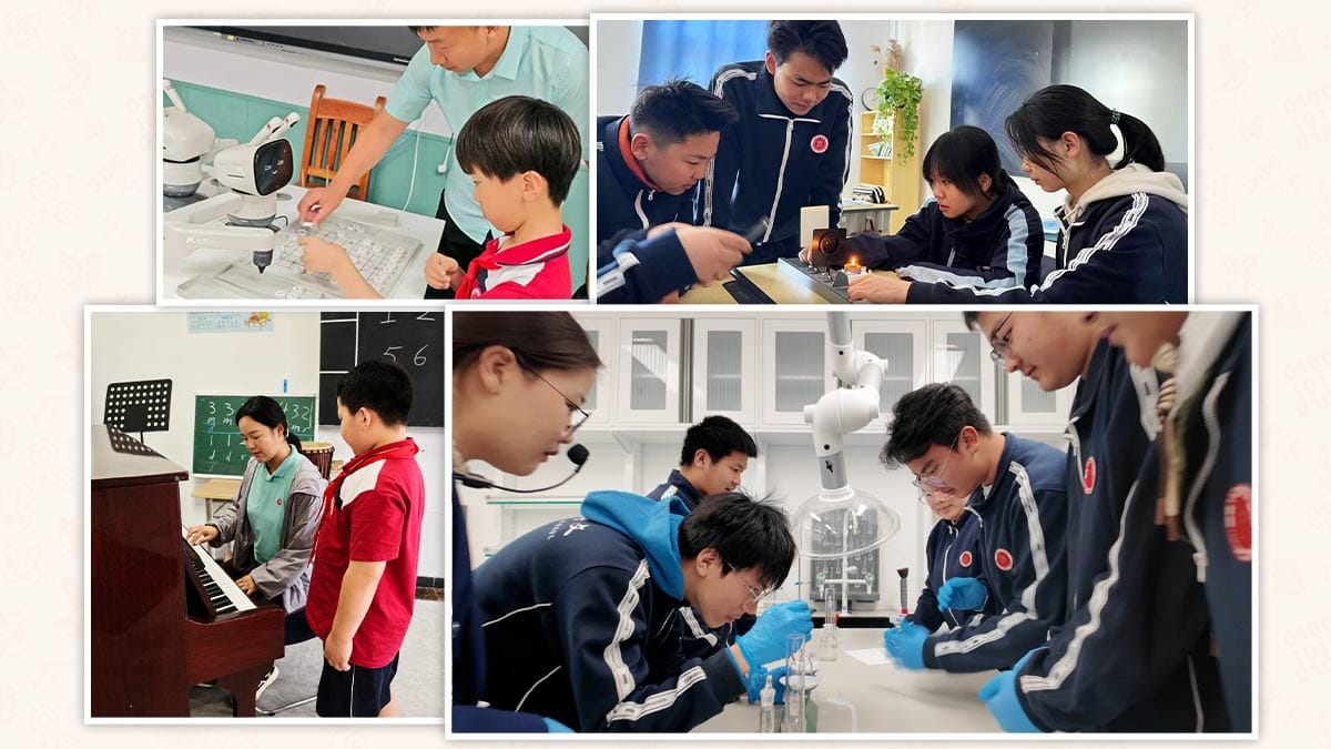 Beijing Bowen School students in science labs, robotics, and piano lessons