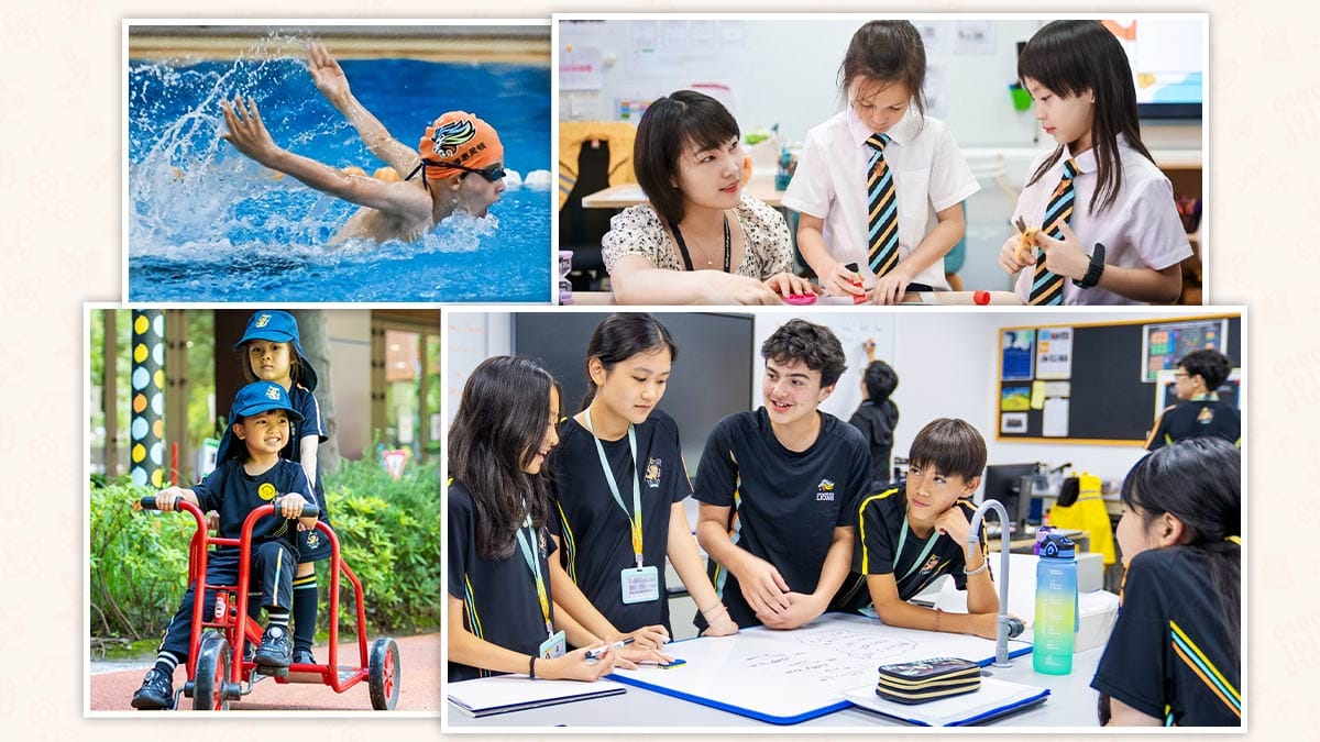 Wellington College China students swimming, in group study and early years play