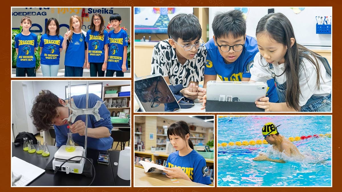 QSI Schools in China student life: chemistry lab, iPad work, swimming and reading