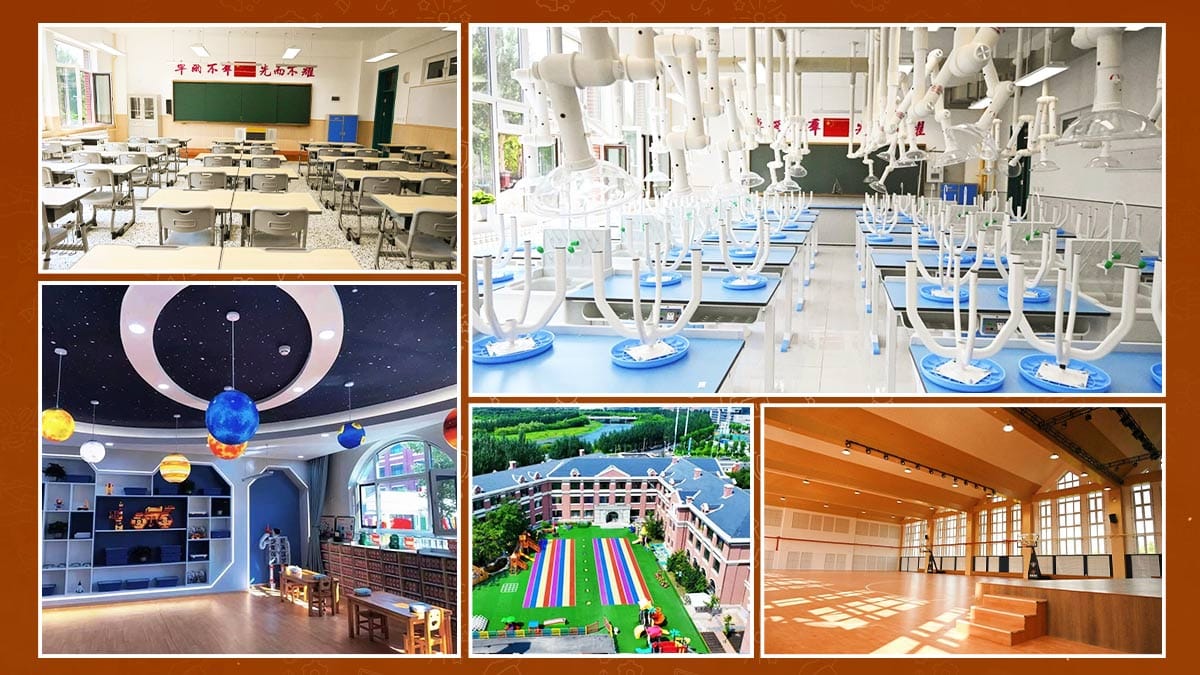 Harbin Meijia Foreign Language School facilities: science labs, gym and playground