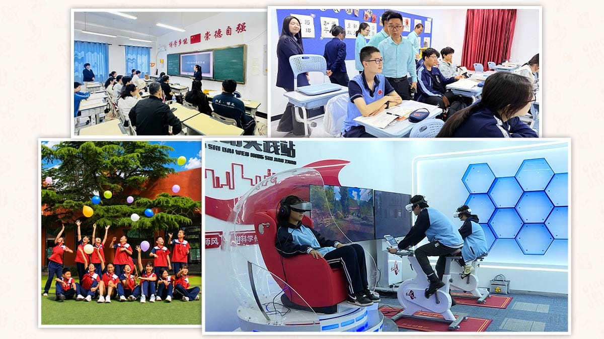 Beijing Bowen School classrooms, VR tech lab, and students celebrating outdoors