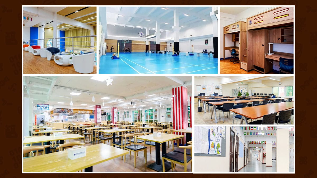 Shenzhen Academy of International Education facilities: gym, cafeteria and dorms