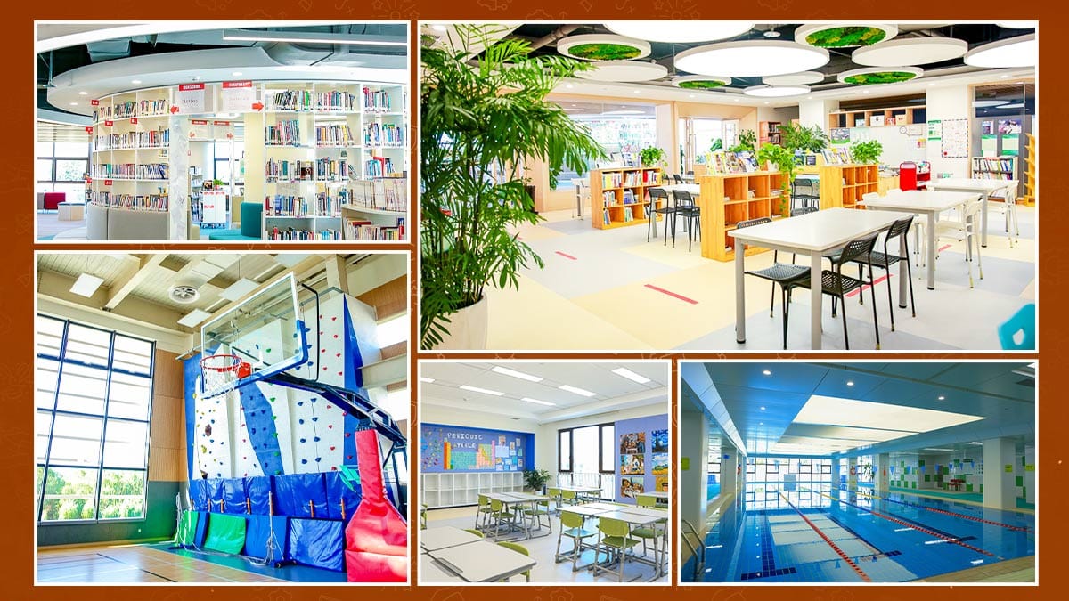 Kunming World Youth Academy facilities: library, pool, climbing wall and classrooms