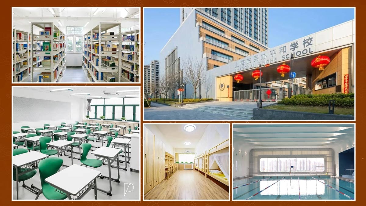 Shanghai Pinghe School campus entrance, library, classroom, dorm and swimming pool