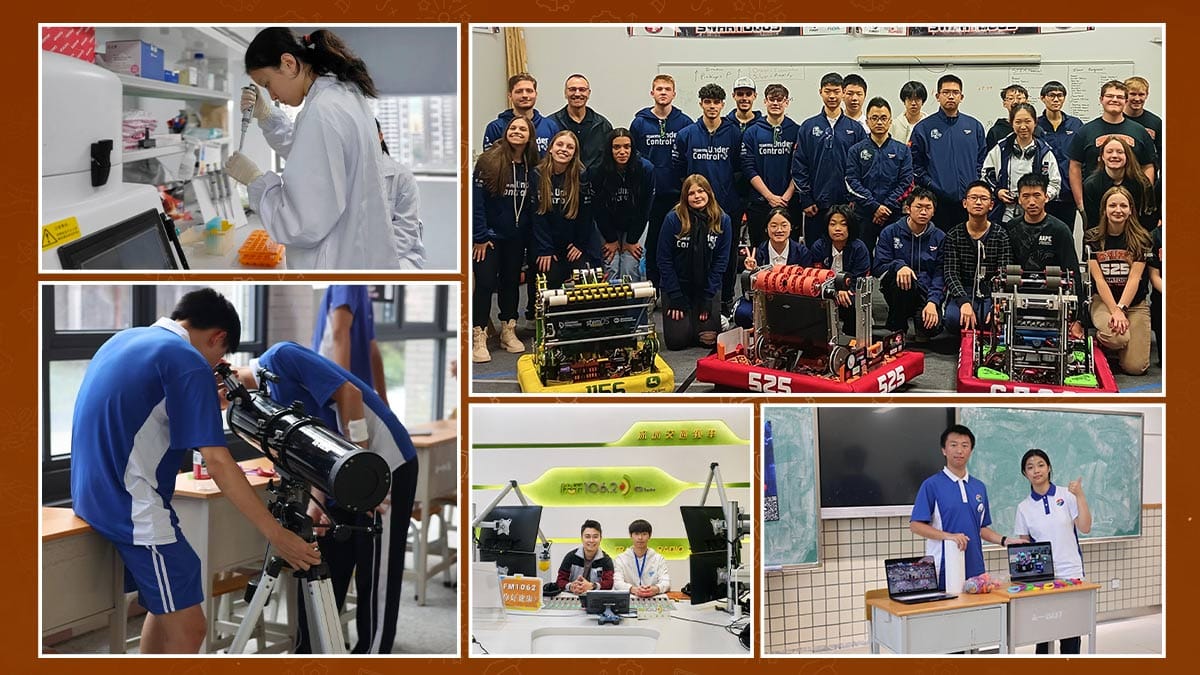 Shenzhen Senior High School International Division students in robotics, lab and telescope