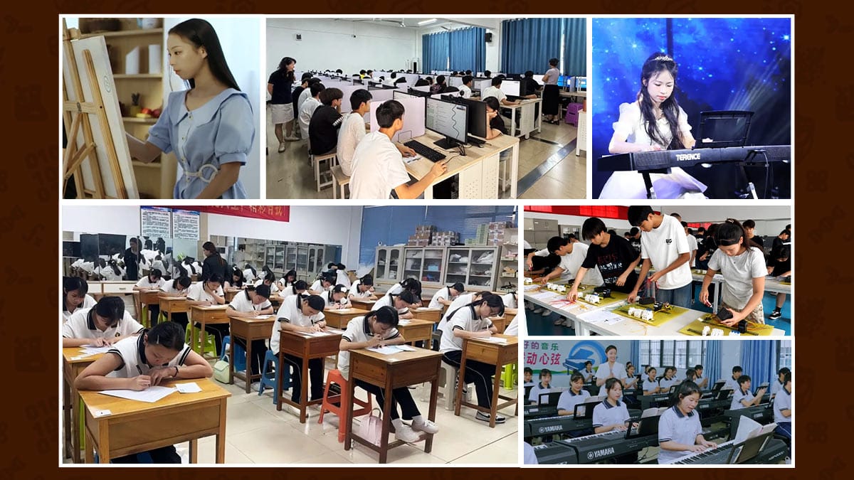 Guangxi Overseas Chinese School students in art, IT lab, piano and robotics collage