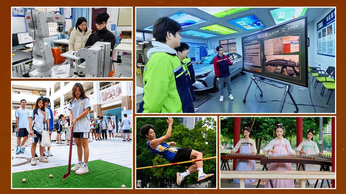 Guangxi Overseas Chinese School students in robotics, high jump, guzheng and golf collage