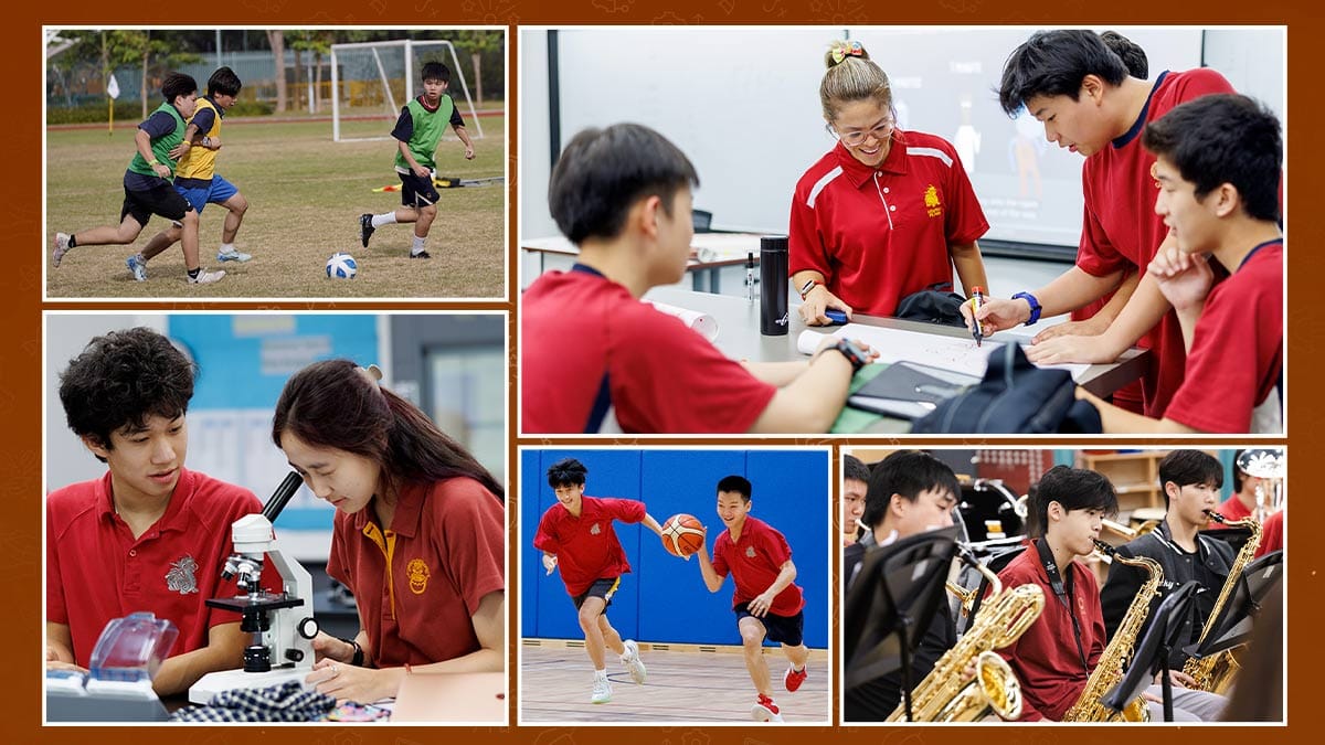 Ulink College students in football, science lab, basketball and band collage