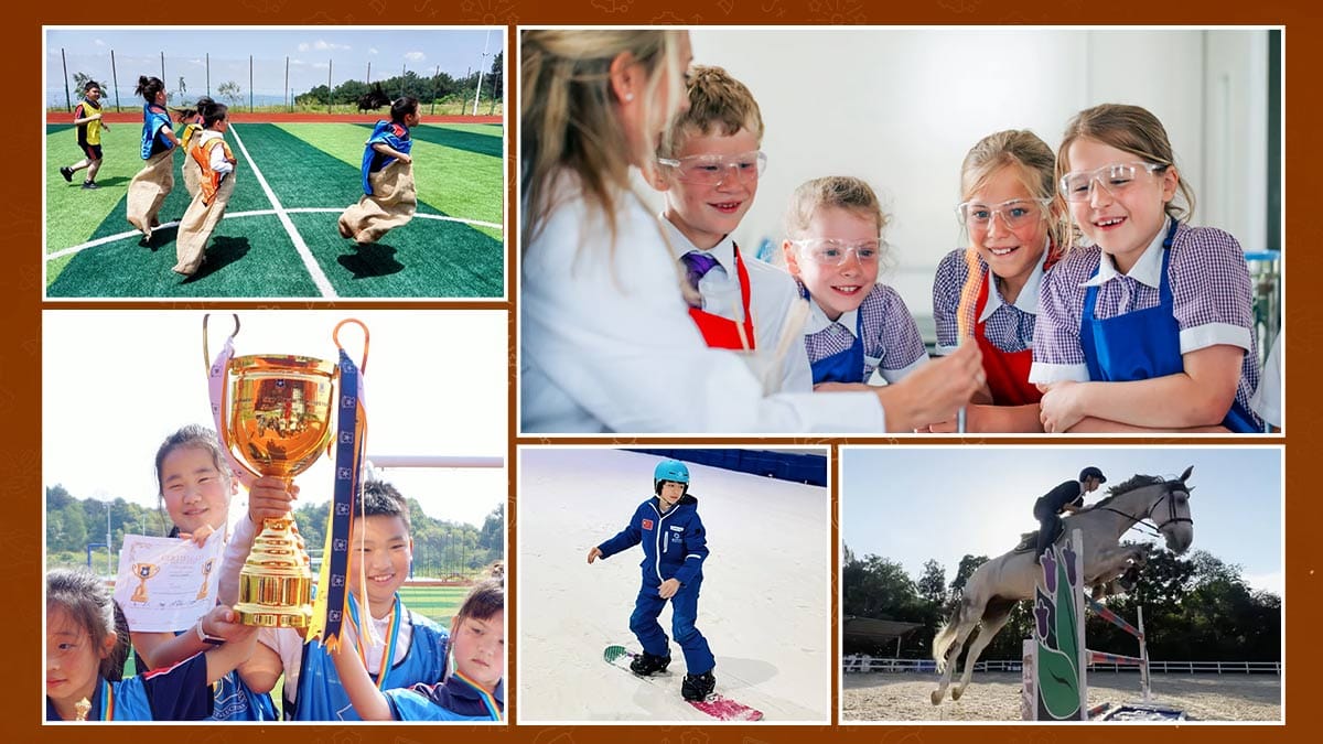 Lucton School Chongqing students in sack race, science lab, snowboarding and equestrian