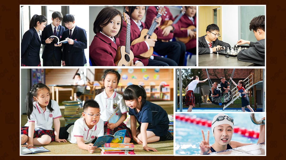 Dipont Education students in ukulele class, chess, reading and swimming collage