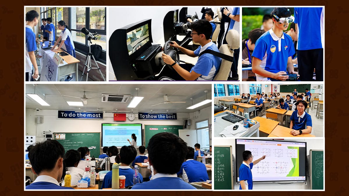 Shenzhen Senior High School International Division students in simulator, VR and class