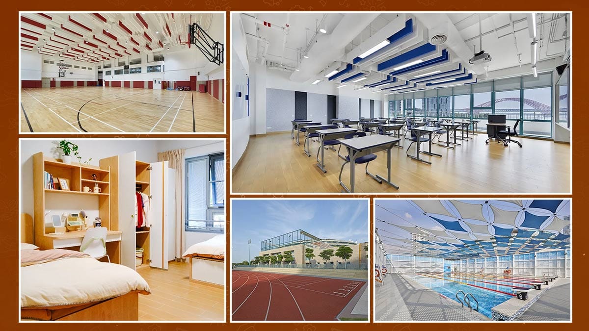 Ulink College campus facilities with basketball court, dorm, track and swimming pool
