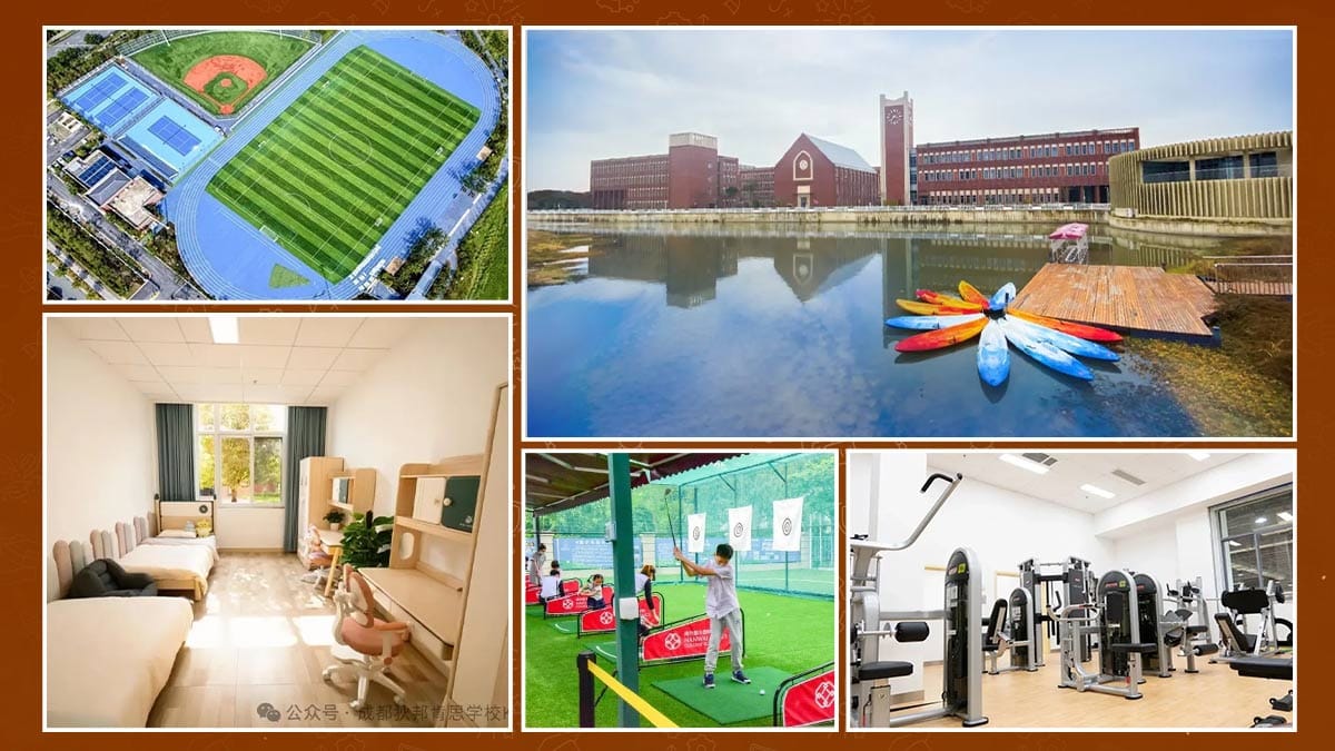 Dipont Education Chengdu campus with lake kayaks, golf range and sports fields