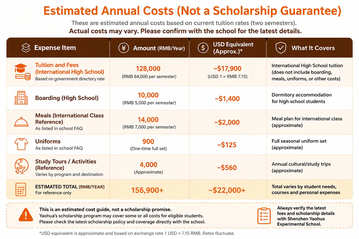 Shenzhen Yaohua Experimental School annual expense breakdown showing tuition and living costs