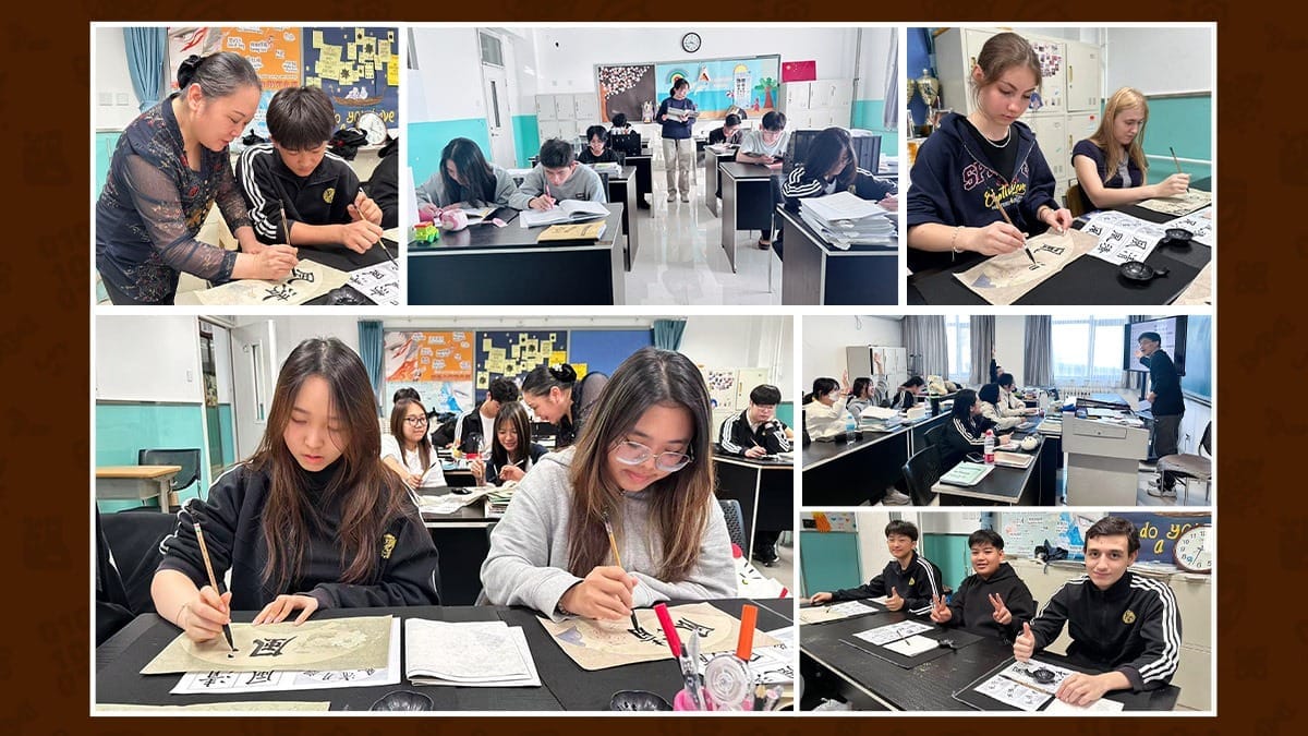 International students at Beijing No. 39 Middle School practicing Chinese calligraphy in class