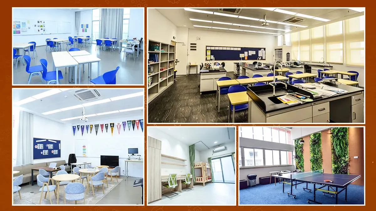 Alcanta International College Guangzhou classrooms, science lab, student common room, dormitory room, and table tennis facility