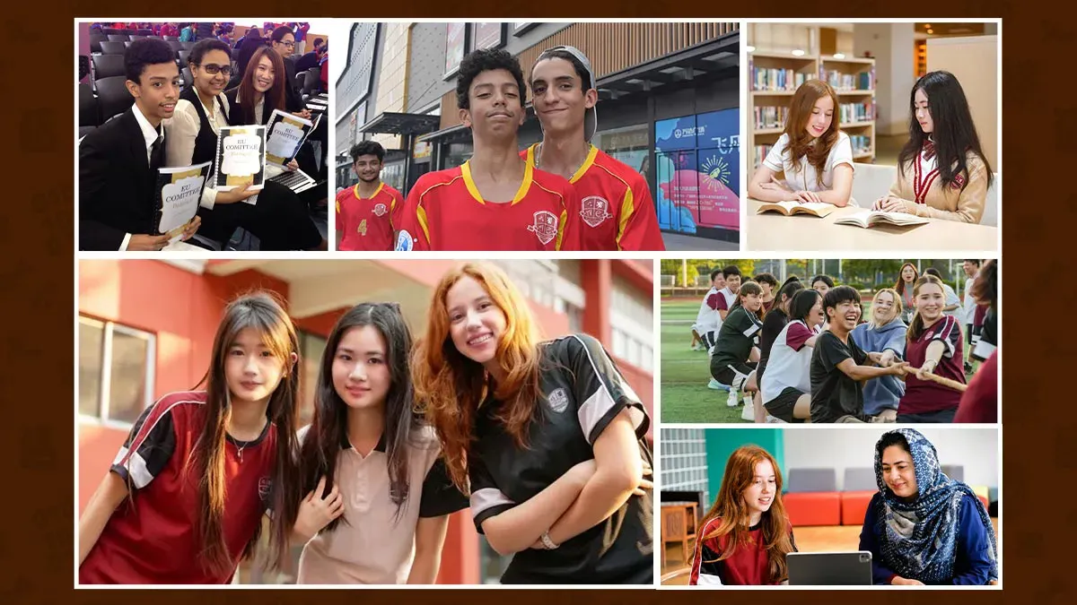 Alcanta International College Guangzhou students in a science lab, soccer team with school banner, art class, and school band