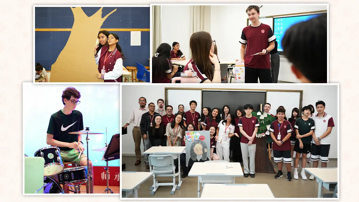 Alcanta International College Guangzhou students in a drama class, presenting to classmates, playing drums, and celebrating Teachers' Day with staff
