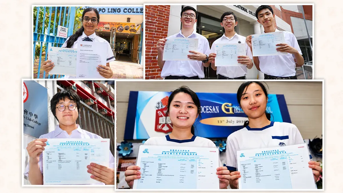 HKDSE results day — students holding their Hong Kong Diploma of Secondary Education result slips outside their schools