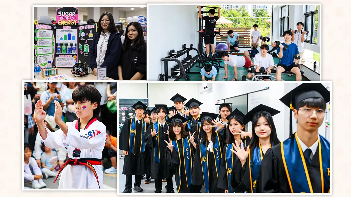 Korea International School in Shenzhen students at a STEAM science fair, in the gym, performing taekwondo and at graduation