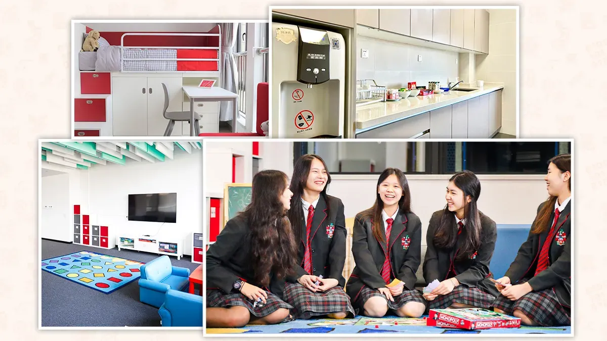 LEH Foshan boarding facilities including dormitory, kitchen, common room, and students