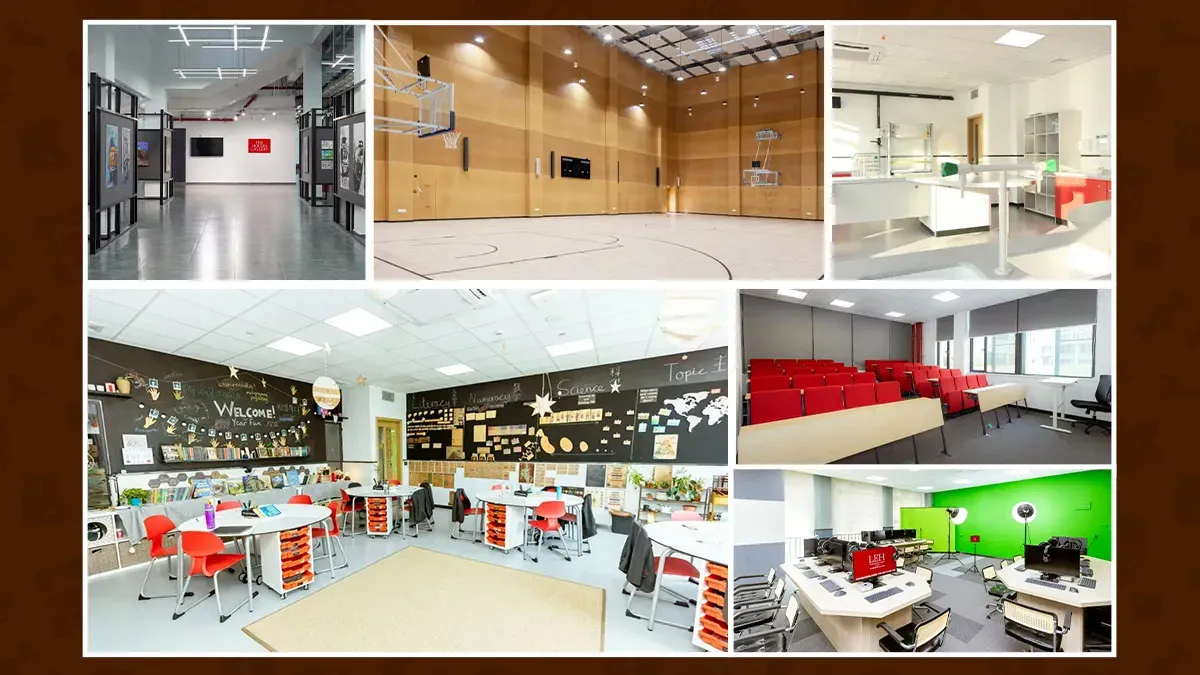 LEH Foshan facilities collage showing classrooms, basketball court, and learning spaces