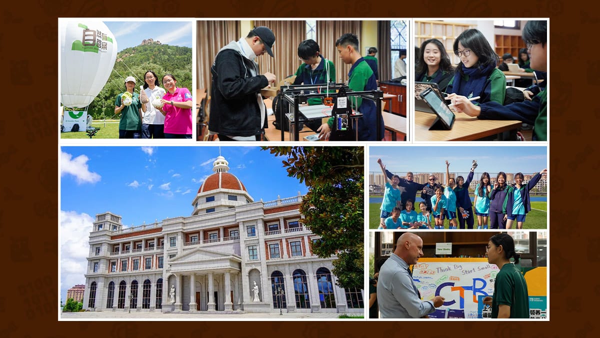 Malvern College Qingdao students with competition trophies, in science class with a DNA model, and in small-group tutoring with teachers