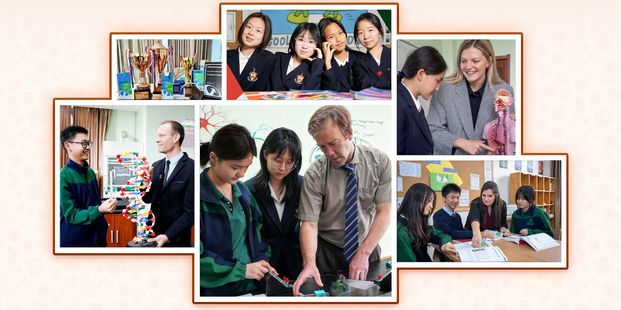 Malvern College Qingdao campus building, students 3D printing, using tablets in class, and playing sports