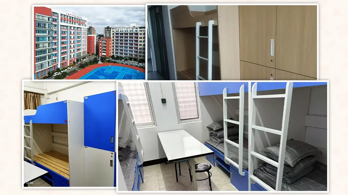 Shanghai Industrial & Commercial Foreign Languages School campus and boarding dormitory rooms with bunk beds.