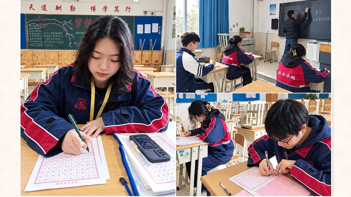 Students completing written classroom work at Shanghai Industrial & Commercial Foreign Languages School.