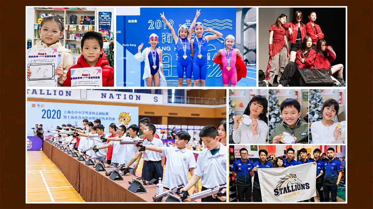 SHSID students celebrating achievements through swimming, performing arts, target shooting and team sports.