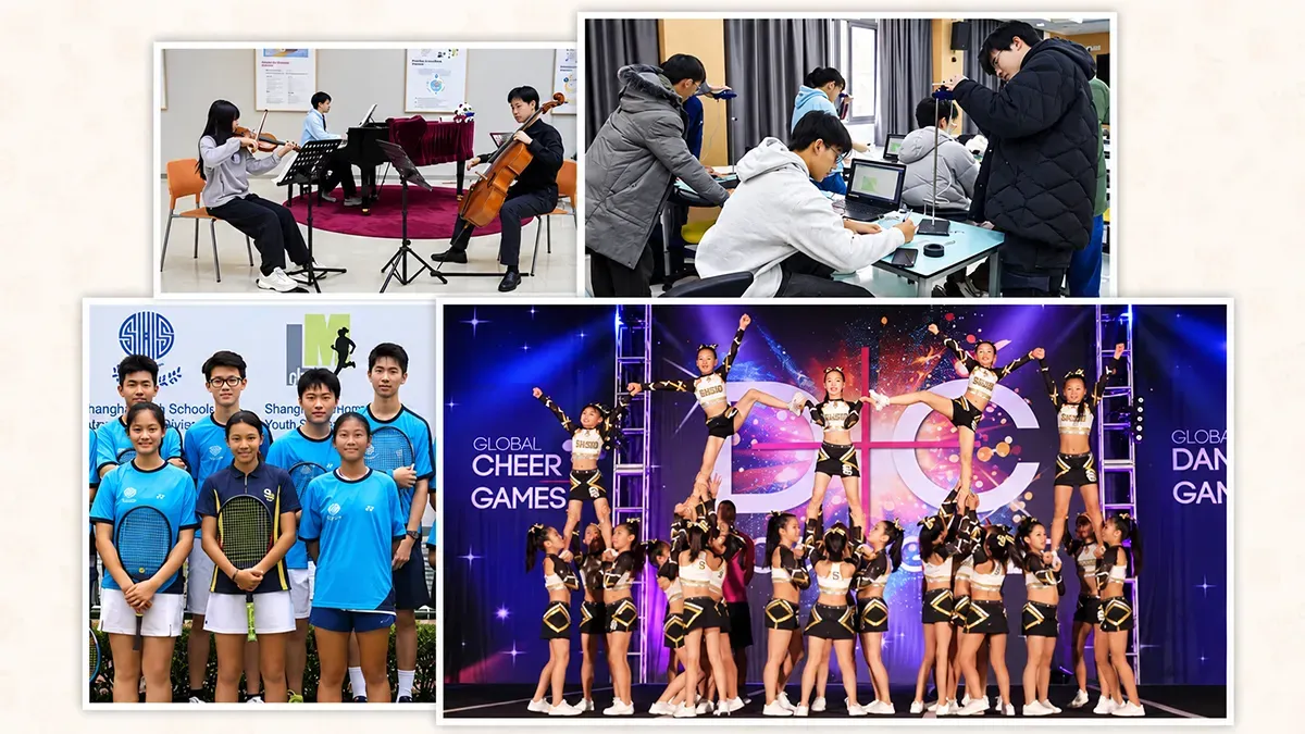 Shanghai High School International Division students participating in music, technology, tennis and cheerleading activities.