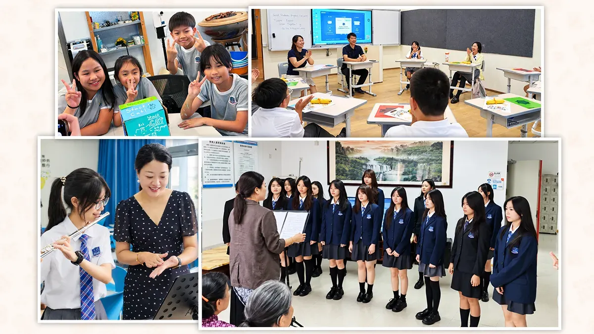 St. Hilary's Shenzhen students in a classroom activity, a flute lesson with a teacher, and a girls' choir rehearsal in school uniform