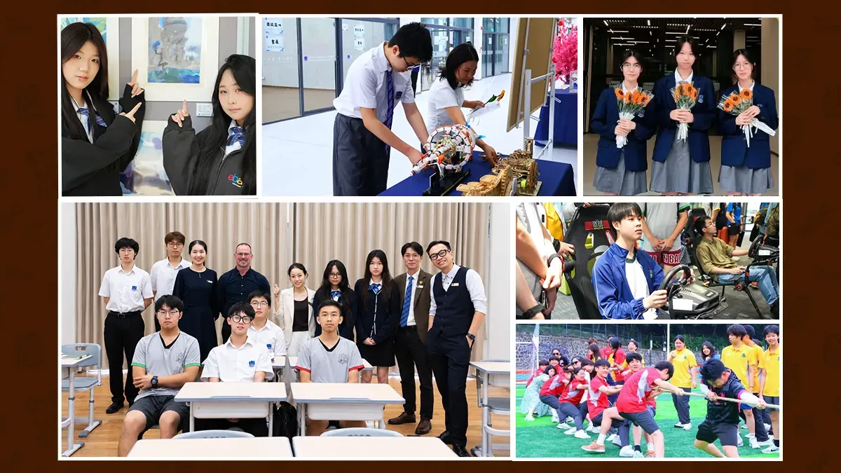 St. Hilary's Shenzhen students at an art exhibition, an esports competition, a tug-of-war on sports day, and a group photo with teachers
