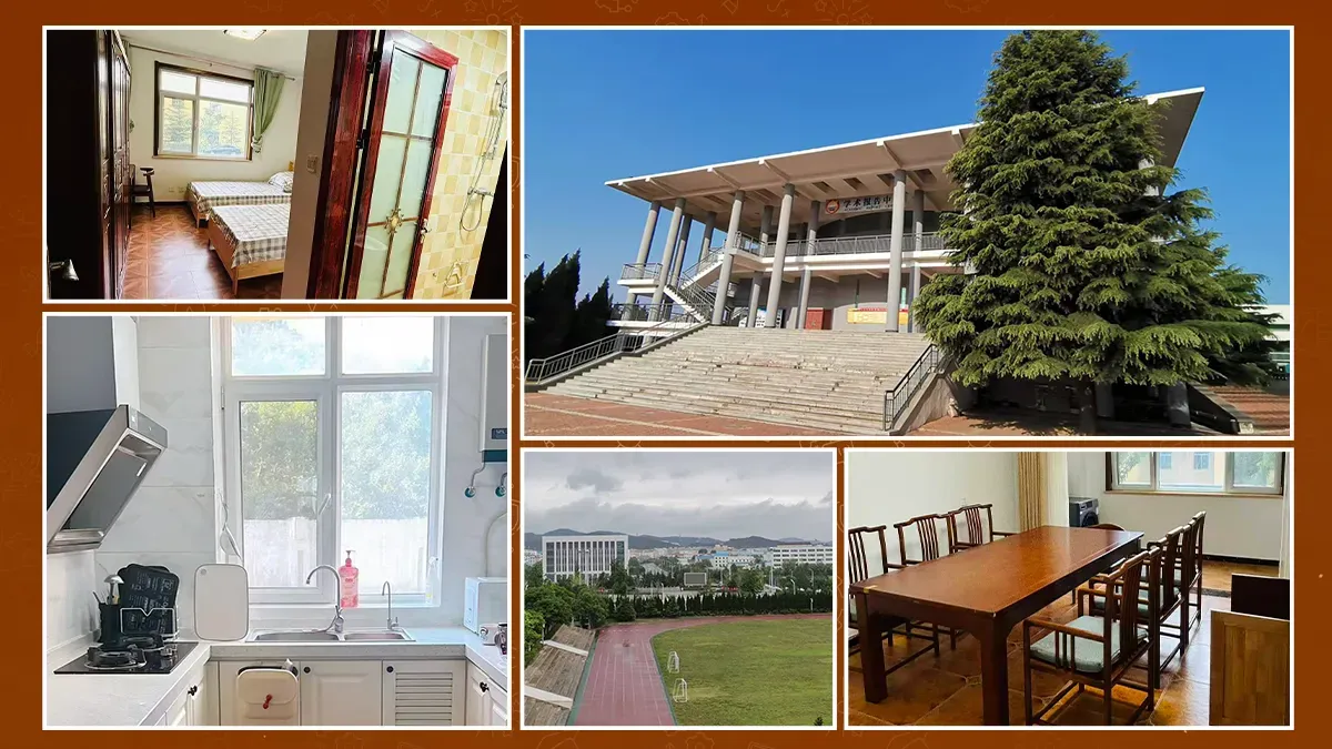 Weihai Daguanghua School campus facilities showing student dormitory, classroom building, sports field, kitchen and living areas