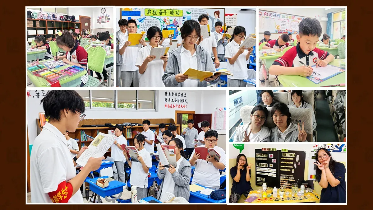 Weihai Daguanghua School campus life showing students studying, reading, classroom activities, and science projects  